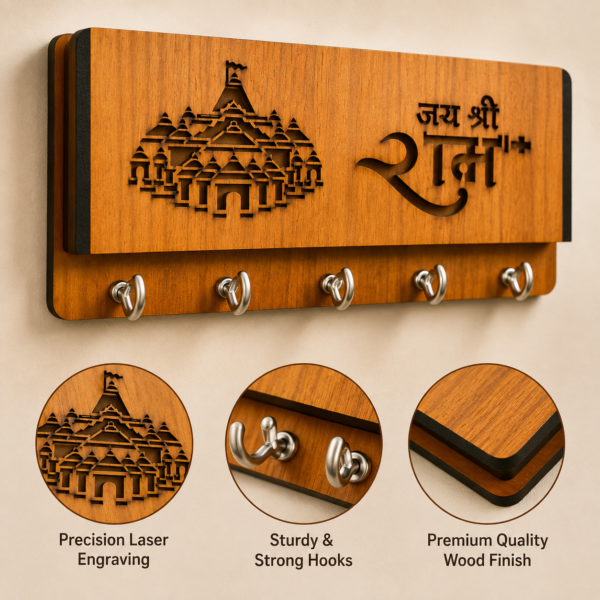 Wooden Wall Mounted Key Holder with 5 Hooks and Front Storage Shelf, Decorative Key Organizer for Home Entrance, Pooja Room and Living Room Décor.